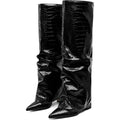 Synchoiss Womens 6 Black 4" Heel  Knee High Boots Faux Leather Foldover Shoes