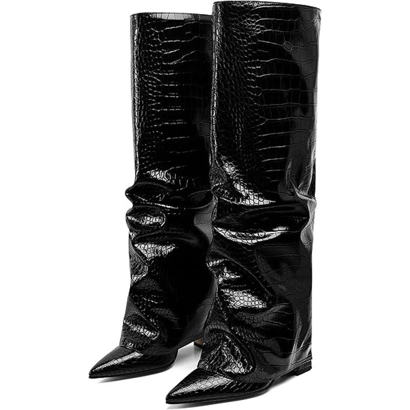 Synchoiss Womens 6 Black 4" Heel  Knee High Boots Faux Leather Foldover Shoes