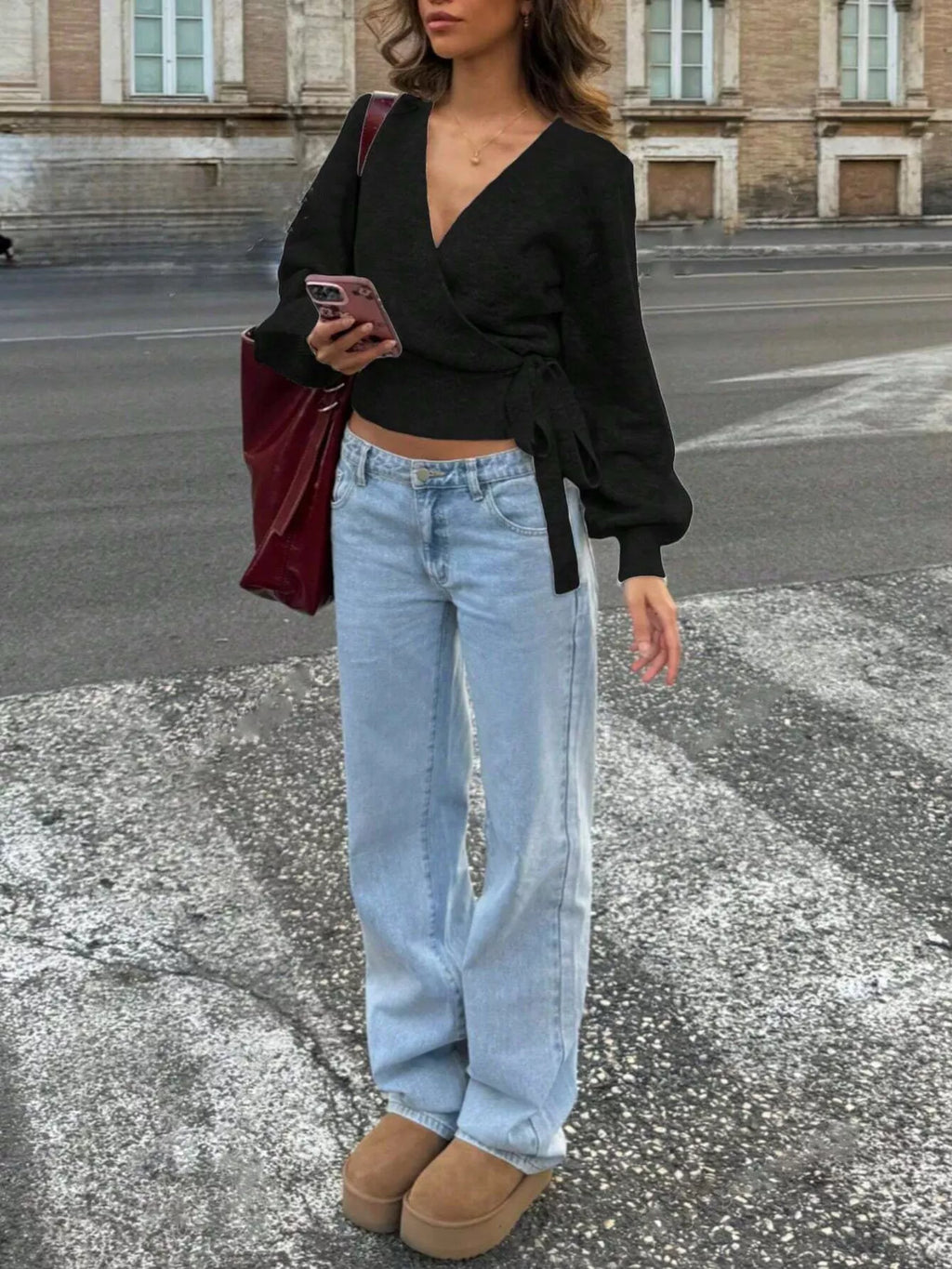 Tie Waist Surplice Sweater
