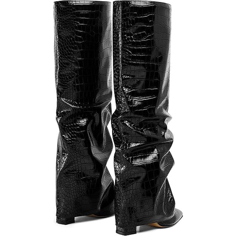 Synchoiss Womens 6 Black 4" Heel  Knee High Boots Faux Leather Foldover Shoes