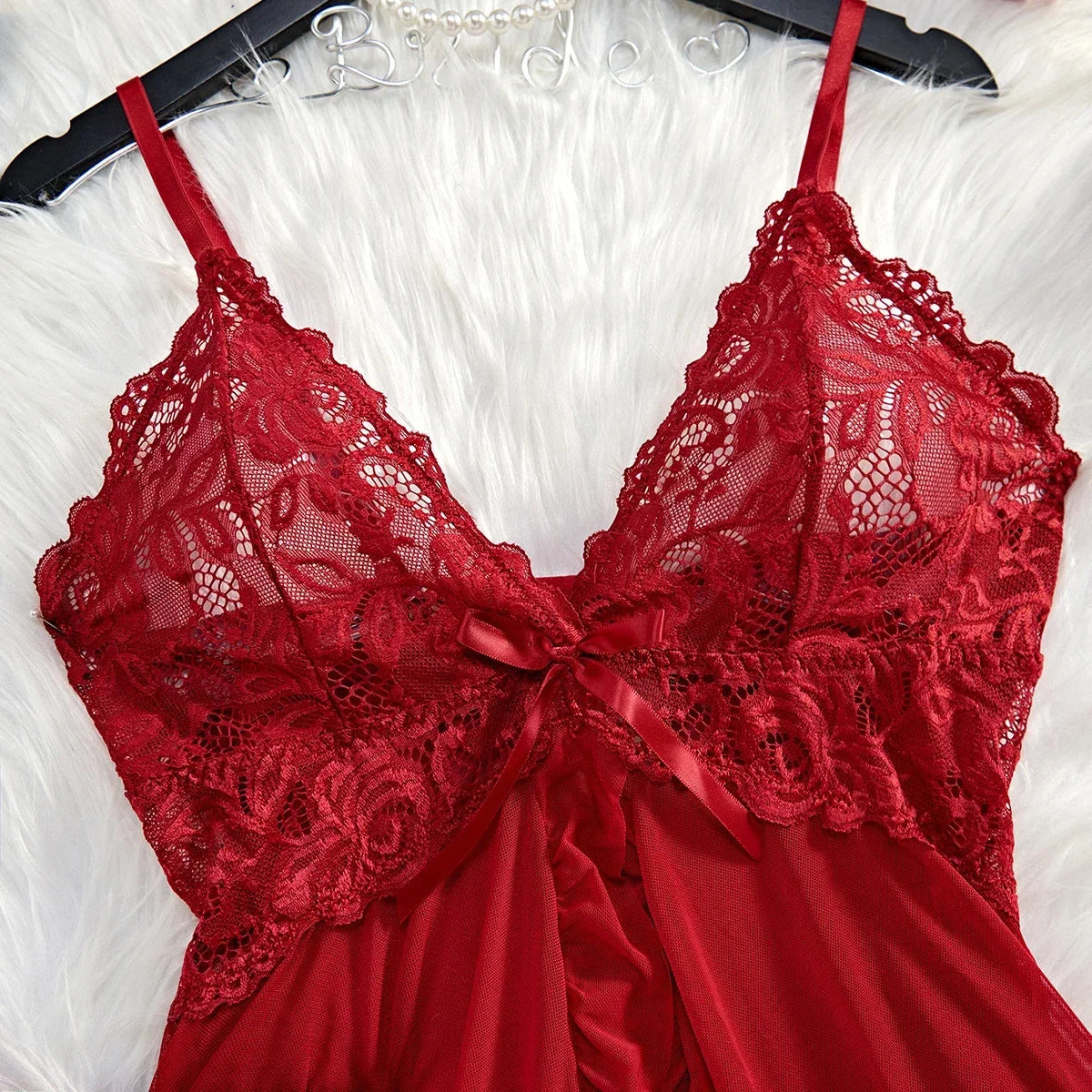 Tulle Suspenders Exquisite Lace V-Neck Nightdress Women's Underwear Semi-transparent Thong Dress Set Lingerie Nightgowns