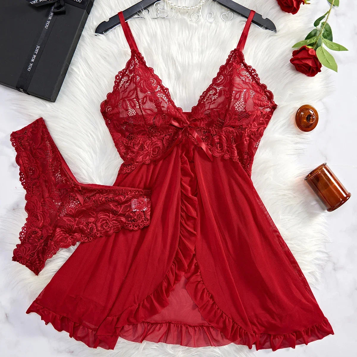 Tulle Suspenders Exquisite Lace V-Neck Nightdress Women's Underwear Semi-transparent Thong Dress Set Lingerie Nightgowns