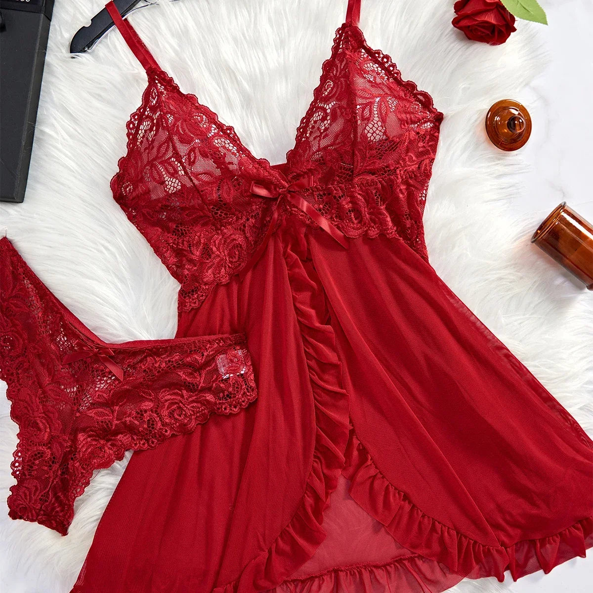 Tulle Suspenders Exquisite Lace V-Neck Nightdress Women's Underwear Semi-transparent Thong Dress Set Lingerie Nightgowns