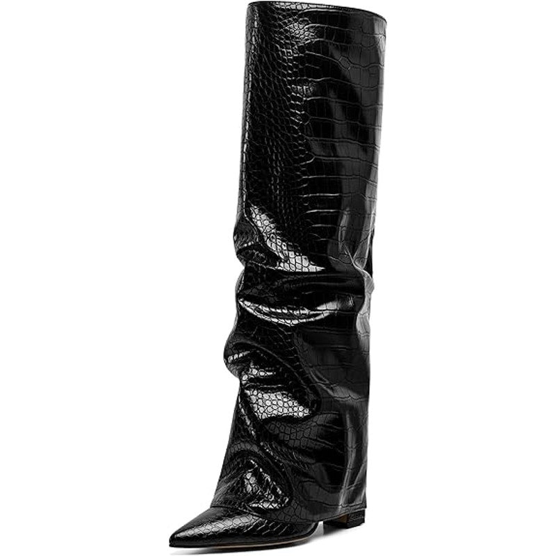 Synchoiss Womens 6 Black 4" Heel  Knee High Boots Faux Leather Foldover Shoes