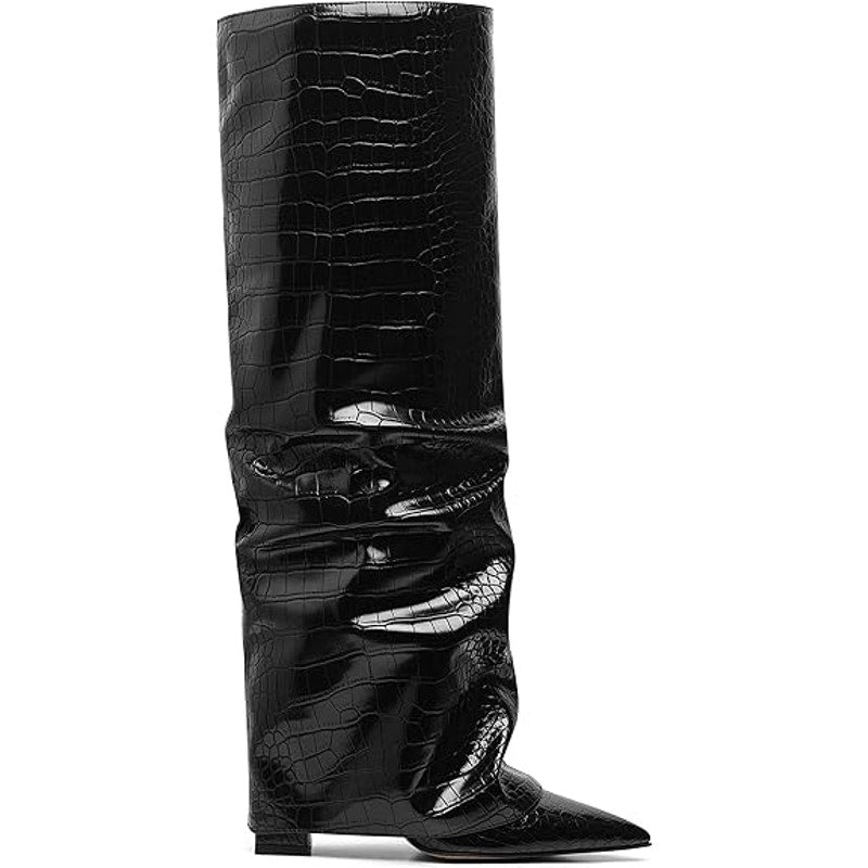 Synchoiss Womens 6 Black 4" Heel  Knee High Boots Faux Leather Foldover Shoes