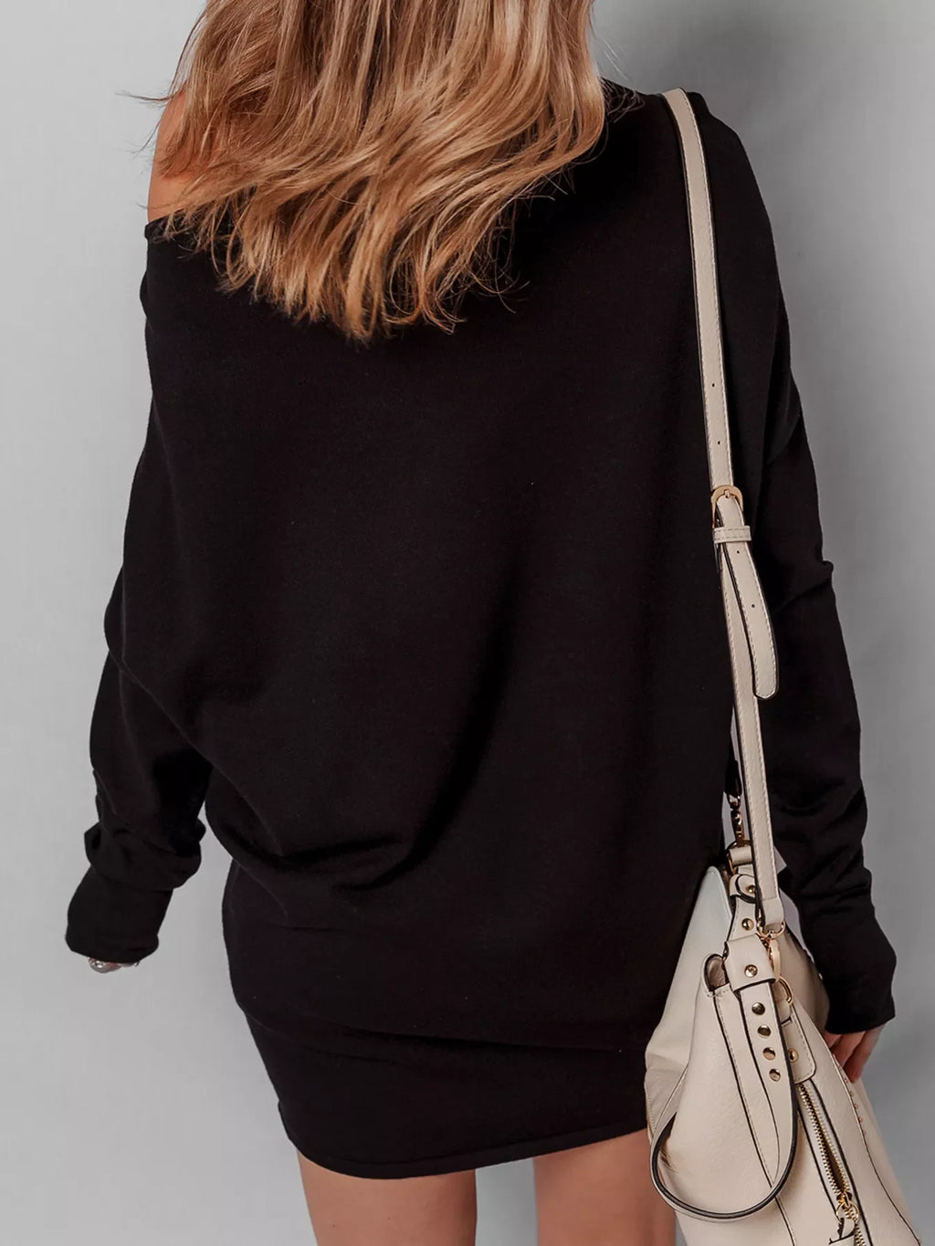 Asymmetric Neck Batwing Sleeve Shift Mini Sweater Dress